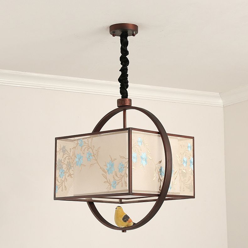 Square Fabric Suspension Pendant Light Chinese Style Black Hanging Ceiling Light
