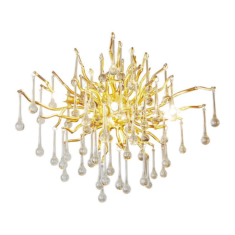 Starburst Wall Mount Light Art Deco Clear/Smoke Gray/Multicolor Waterdrop Crystal 3 Heads Gold Sconce Light Fixture
