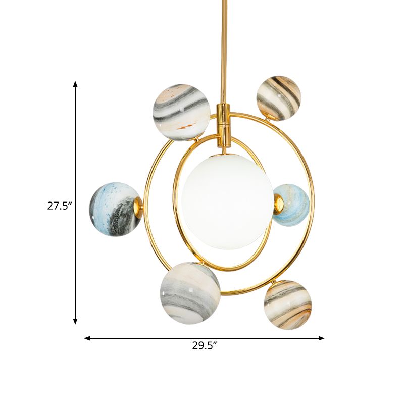 7-Light Nursery Pendant Nordic Gold Chandelier Light Fixture with Planet Frosted Glass Shade