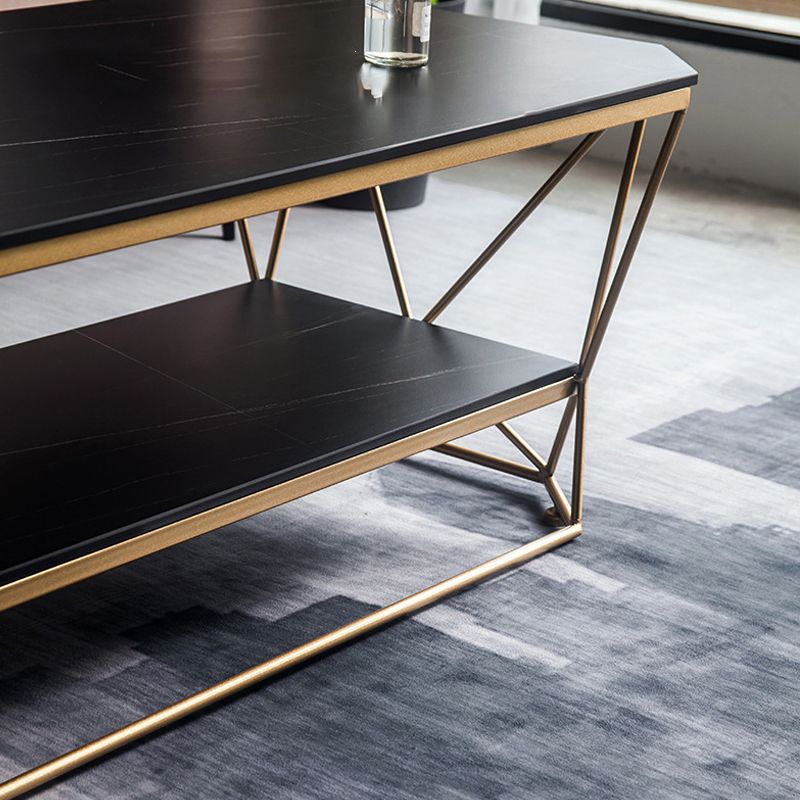 Luxurious Stone Top Coffee Table Metal Frame Cocktail Table with Shelf