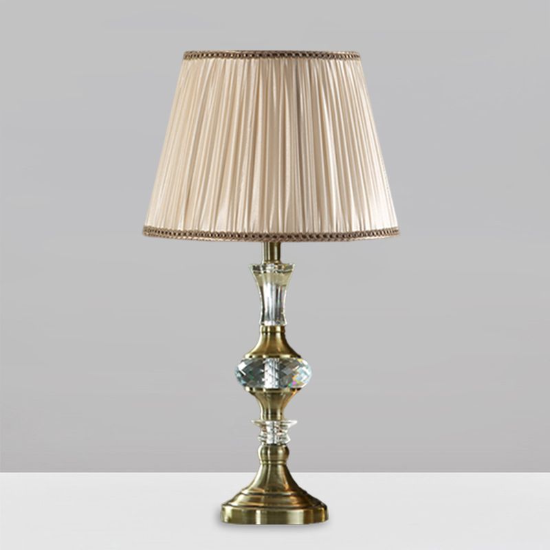Fabric Beige Night Stand Lamp Tapered Pleated Shade 1 Bulb Traditional Table Light with Crystal Balls