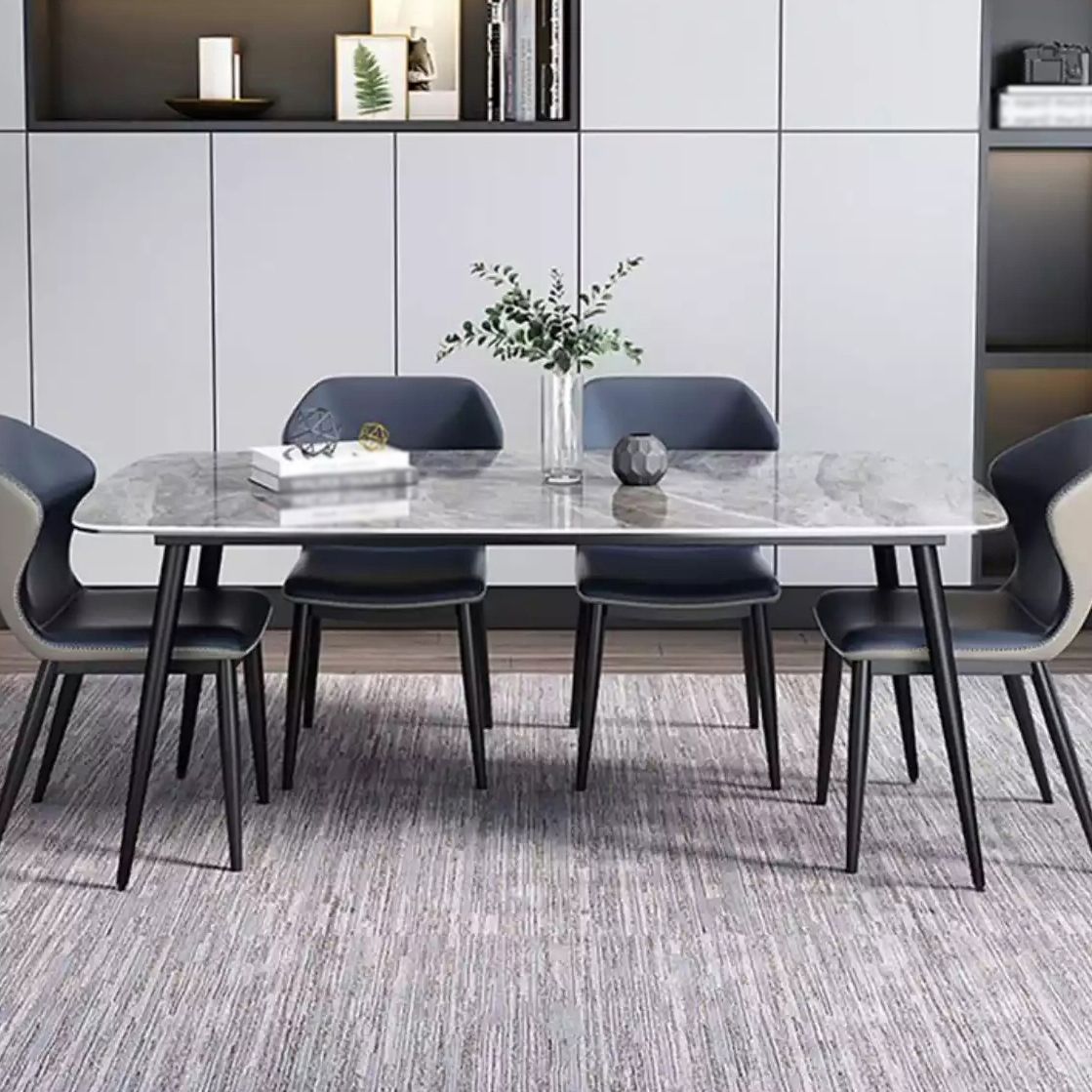 Mesa de piedra sinterizada moderna con mesa de comedor de mesa rectangular de 4 patas con base de metal