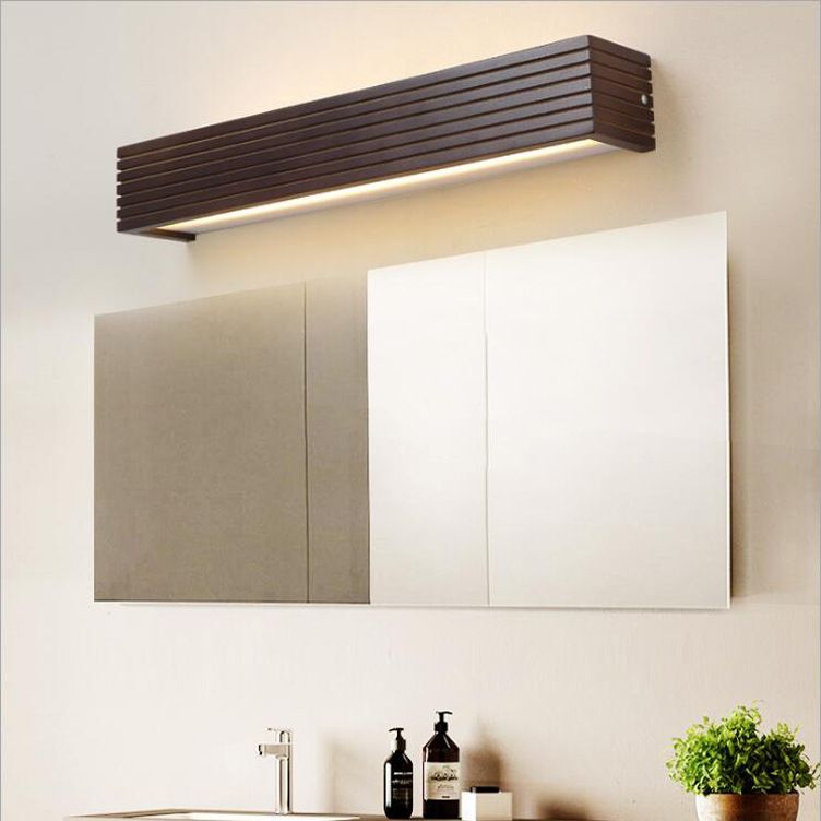 Linear Shade Wood Wall Sconce Modern 1-Light Mirror Wall Lighting Fixtures in Brown