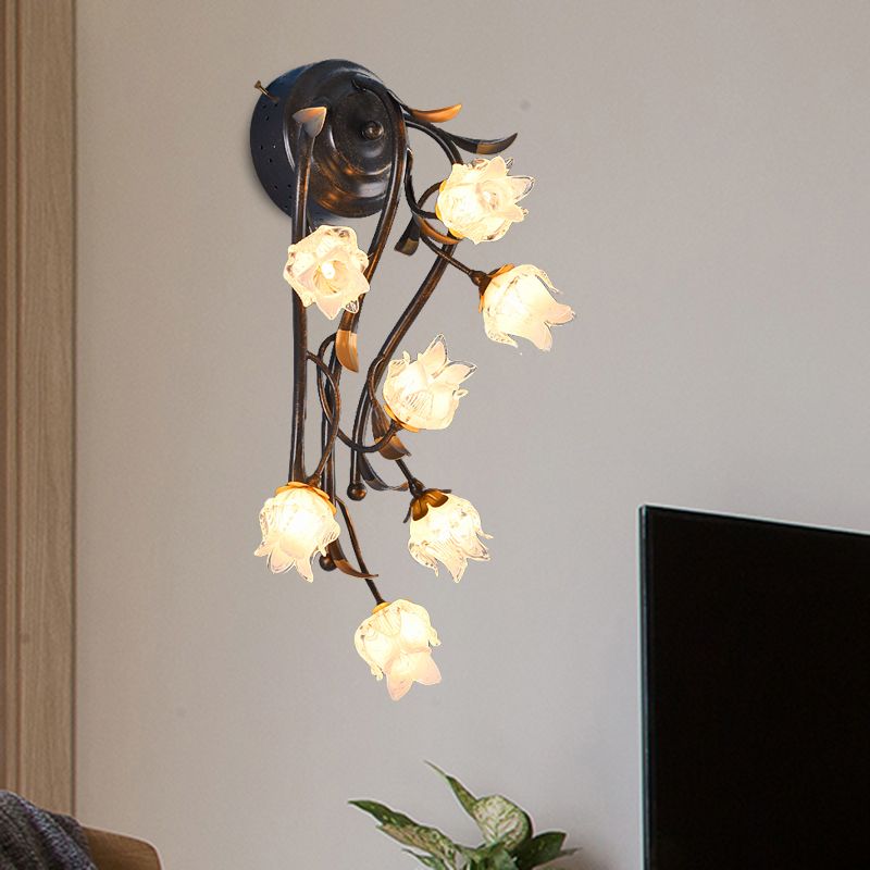 7 Lights Wall Mounted Light Rustic-Style Blossom Shaped Clear Glass Sconce in Bronze for Bedroom