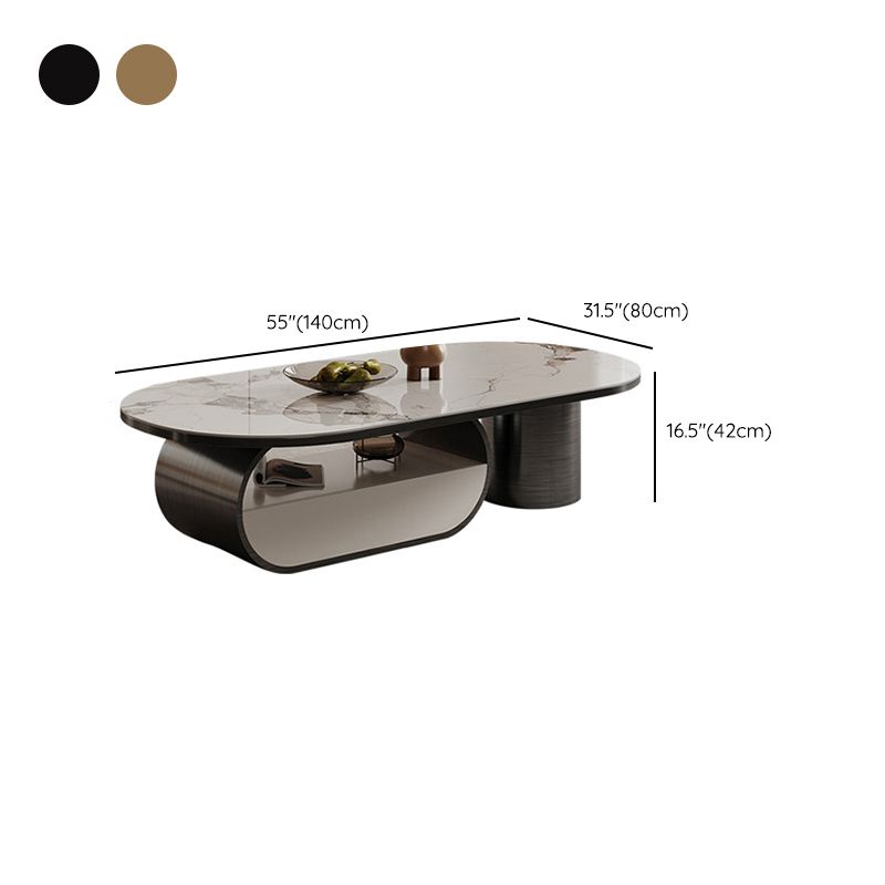 16"H Glam Cocktail Table Storage Oval Stone Coffee Cocktail Table