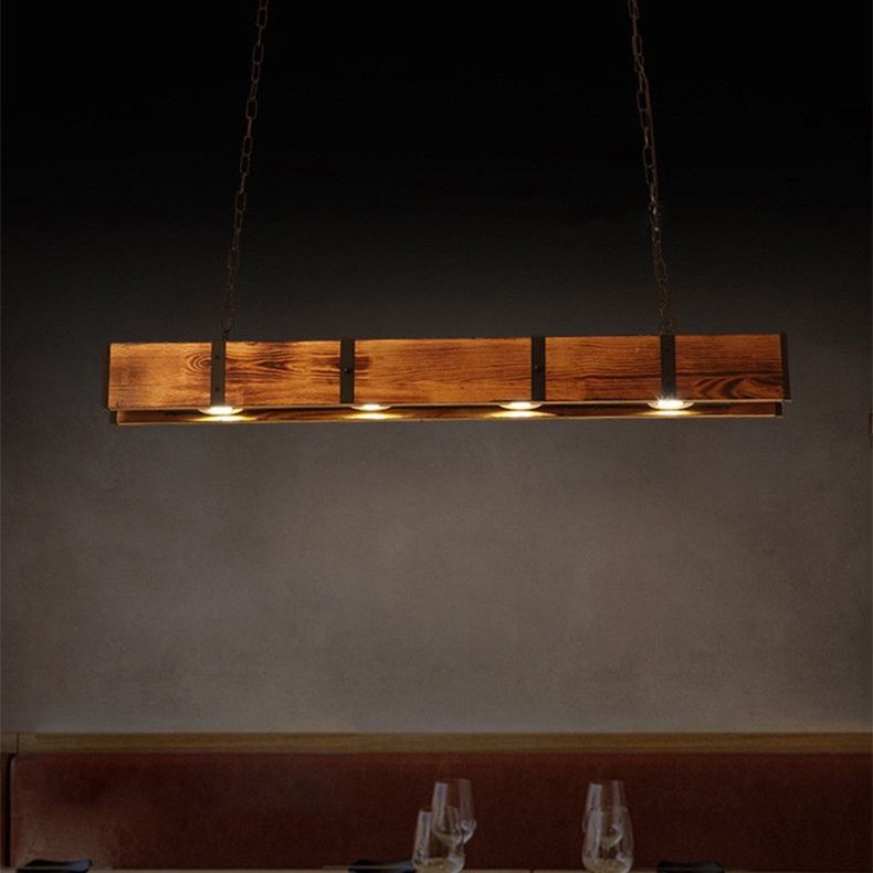 Rectangular Wooden LED Island Pendant Light in Industrial Vintage Style Wrought Iron Ceiling Light in Log Color