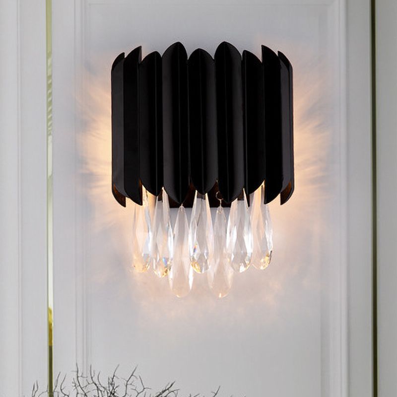 2 lumières Flush Mount Murce Applique du milieu du siècle lampe murale en métal en noir avec des gouttelettes de cristal coupées