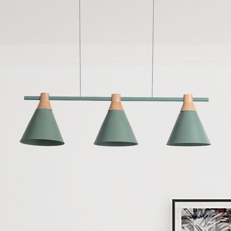 Triple Light Cone Shade Island Lighting Nordic Metal Hanging Chandelier in Green/Grey/Yellow for Kitchen