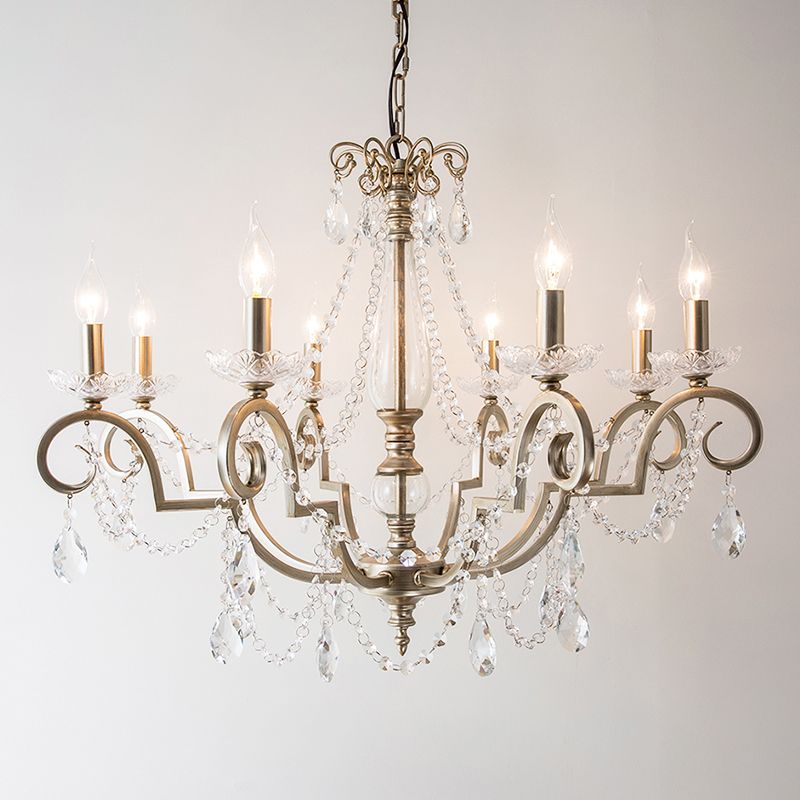 Aged Silver Candle Chandelier Rustic Crystal Living Room Suspension Light with Swirled Arm