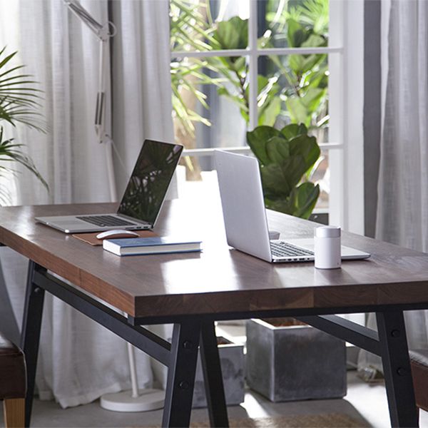 Industrial Pine Wood Table for Restaurant Rectangle Table with Metal Double Pedestal