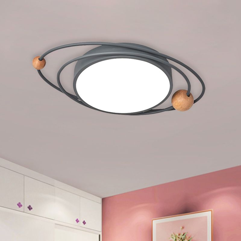 Acrylic Ring Ceiling Light Nordic LED Flush Mount Lighting Fixture with Wood Ball in Grey/White/Blue