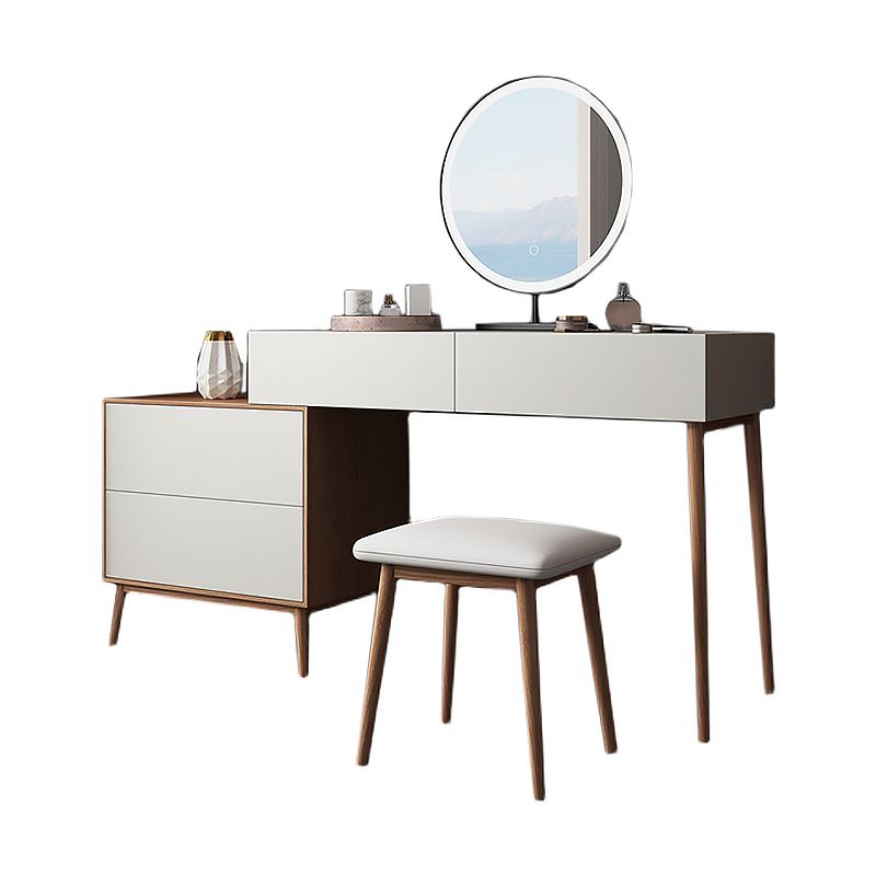 Contemporary Vanity Table and Stool Set With Mirror, Wood Makeup Vanity Set