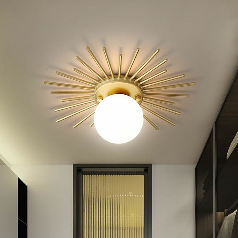 Golden Sunburst Semi-Flush Mount Simple Creative Single Opal Glass Ceiling Lighting for Foyer