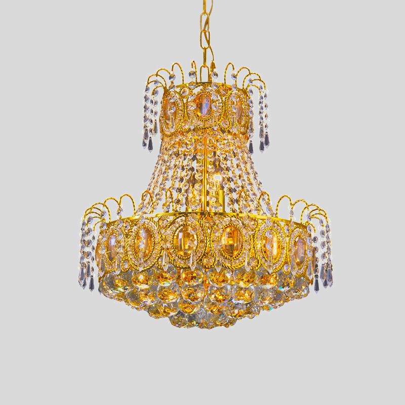 Vintage Basket Pendant Lamp 8 Heads Crystal Strand Chandelier Lighting in Gold for Lobby