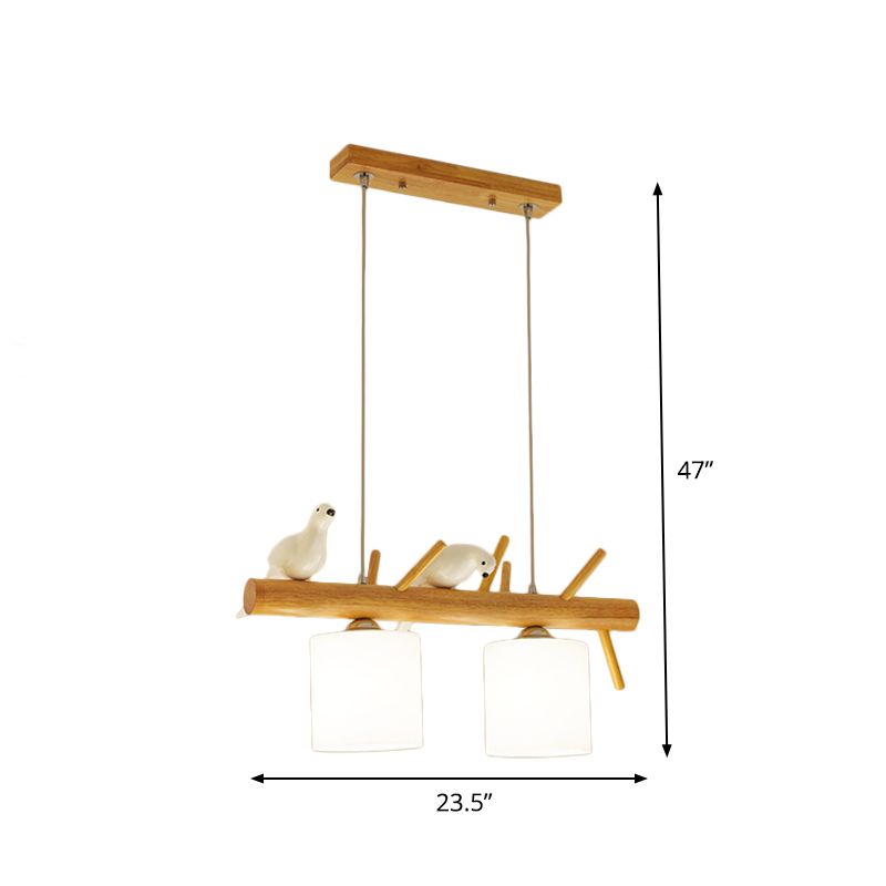 Beige Drum Island Lighting Ideas Simple 2/3 Heads Opaque Glass Pendant Lamp with Bird on Wood Branch Beam Design