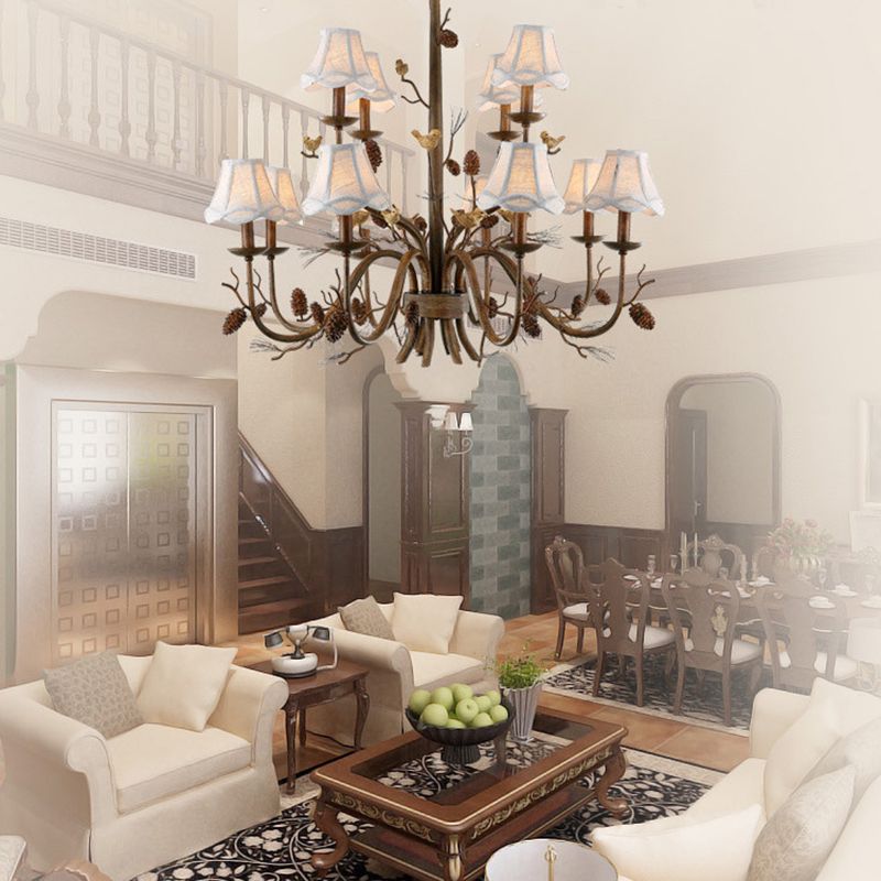 12 Lights Scalloped Chandelier Rustic Brown Metal Pendant Light Fixture with White Fabric Shade