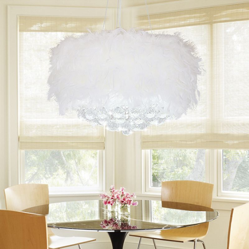 Drum camera da letto a sospensione piuma 3/9/11 bulb lampadario minimalista in bianco con orb di cristallo, 16 "/18" /23,5 "