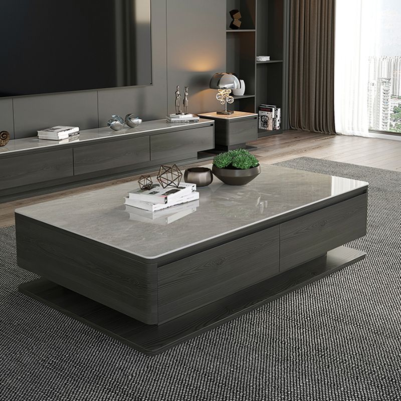 Contemporary Rectangular Stone Coffee Table 16.9" H Block Cocktail Table with 4 Drawers