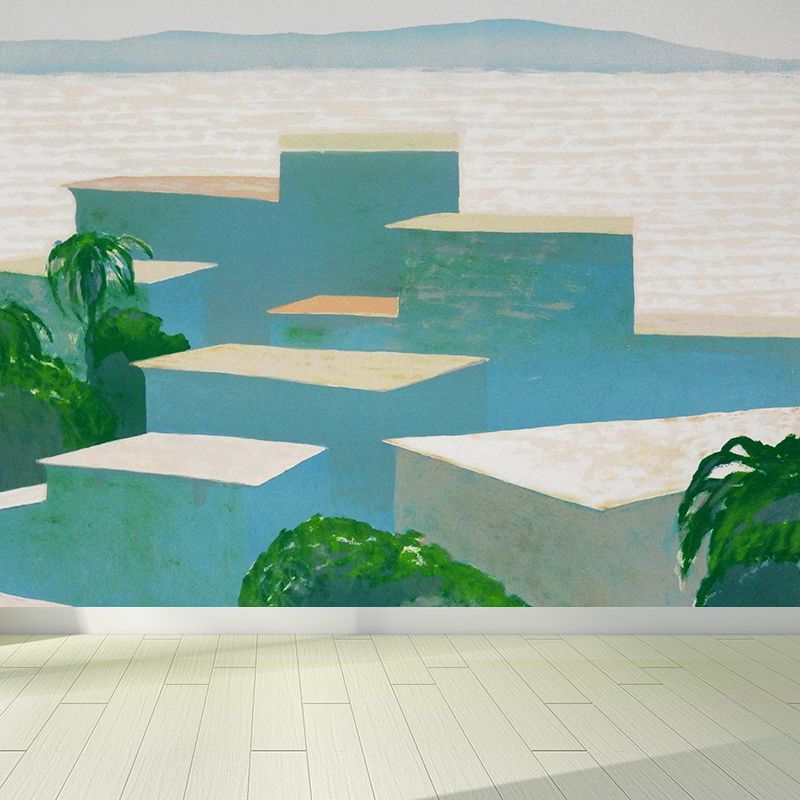 Non-Woven Fancy Mural Modern Aesthetics Riverside Building and Hill Wall Covering