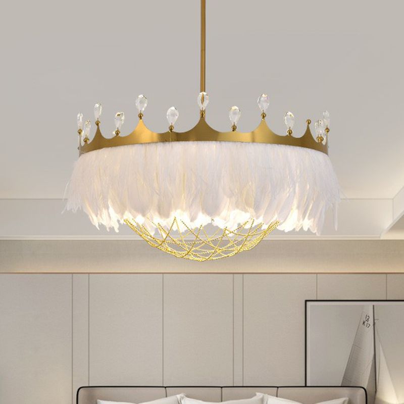 Artistieke kroonvormige plafondlicht veer 1 hoofdmeisjes slaapkamer hangende lamp met kettingnet en kristal