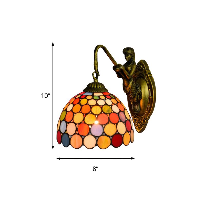 Antique Brass 1 Head Sconce Lighting Tiffany Multicolor Stained Glass Dome Wall Mount Light