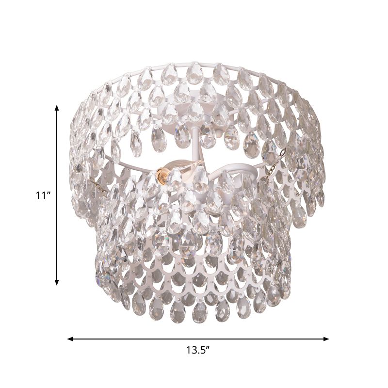Modern 2-Light Flush Mount Light White Layered Round Ceiling Lamp with Crystal Droplet