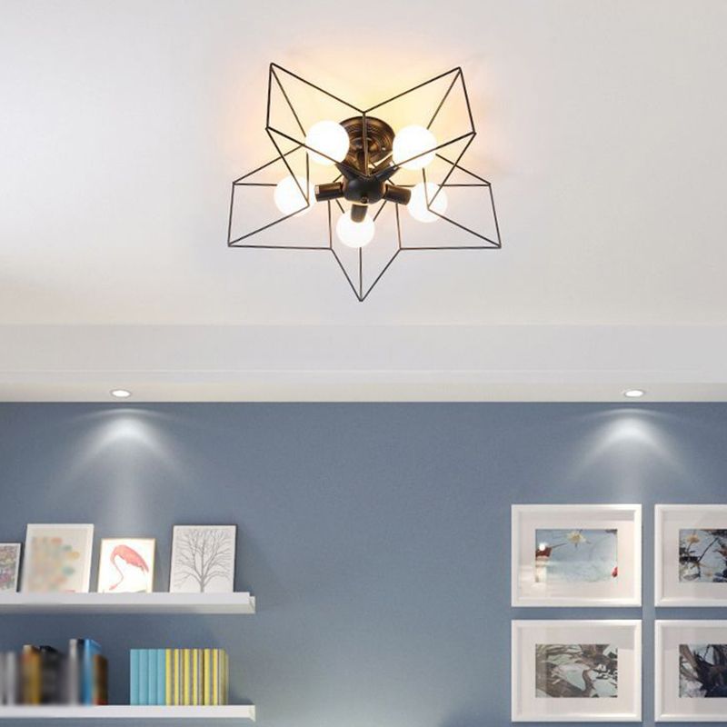 Iron Geometrical Cage Flush Mount Lighting Nordic Style 5 Heads Corridor Flush Mount Fixture in Black