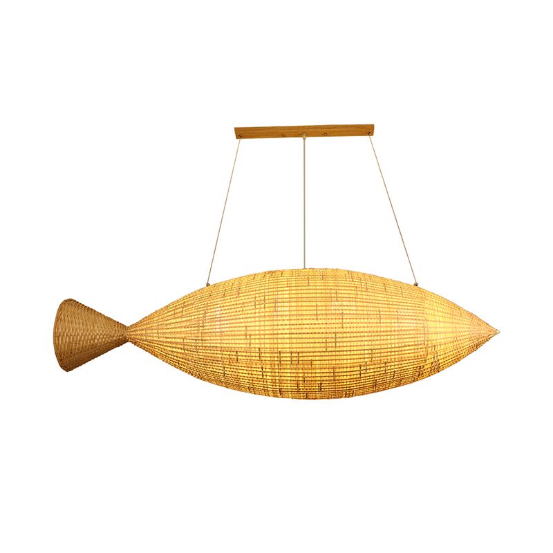 Hand Weaving Fish Bamboo Drop Lamp Chinese 2 Bulbs Beige Pendant Chandelier for Restaurant