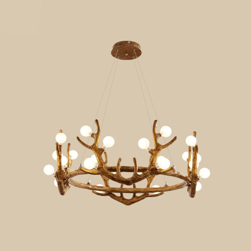Geweih Wohnzimmer Deckenbeleuchtung Vintage Harzbraun LED Kronleuchter Licht mit Ball Frostglas Schatten