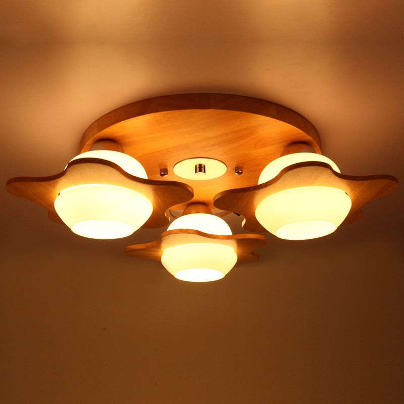 Flower Ceiling Light Fixture Modern Ivory Glass 3-Head Bedroom Flush Mounted Light in Wood