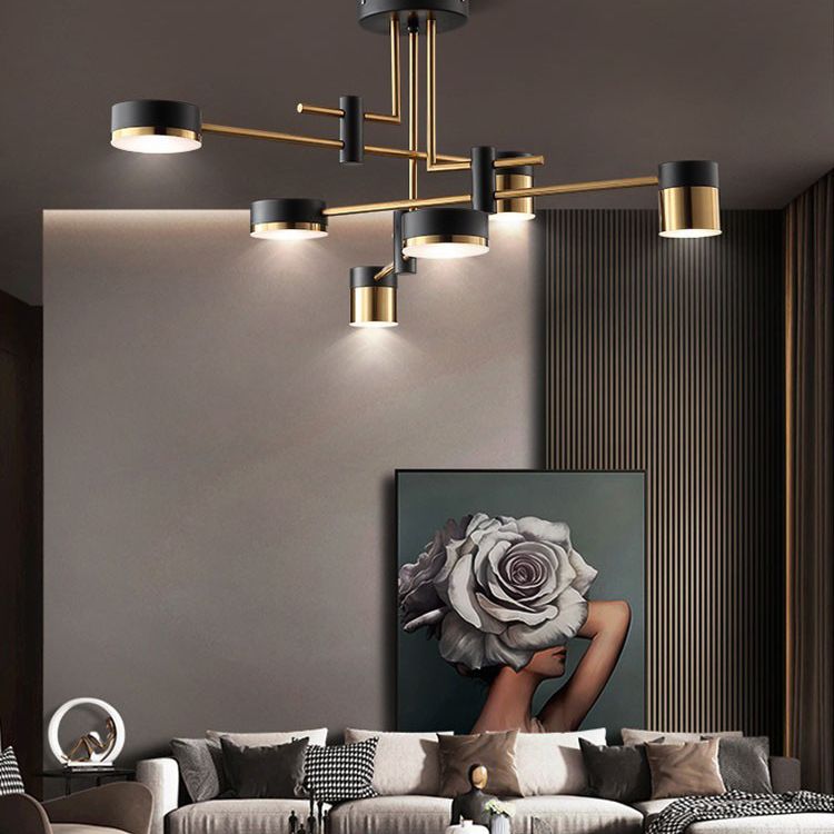 Moderno lampadario a sospensione radiale in metallo Luce a tamburo Sospensione LED Sospensione in nero per soggiorno