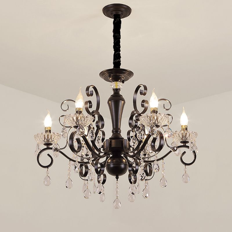 Clear Crystal Candelabra Suspension Pendant Traditional 6/8 Bulbs Parlor Chandelier with Droplets and Black Scroll Arms