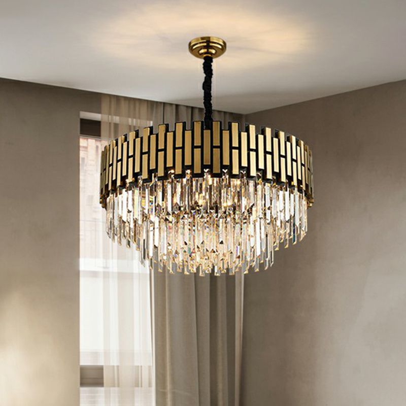 Gold Finish Round Hanging Ceiling Light Postmodern Crystal Rods Chandelier Pendant for Living Room