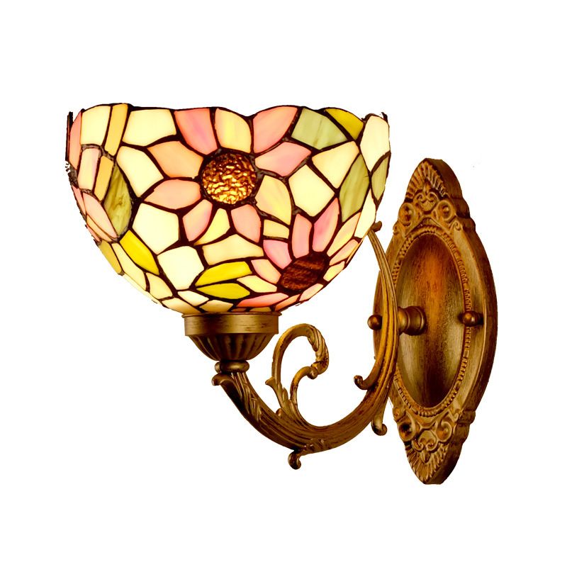 Sunflower Pattern Wall Mount Light Tiffany Stained Glass Single Gold Wall Light Fixture with Bowl Shade