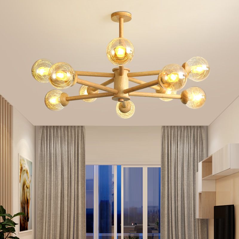 Globe Wood Chandelier Lighting Fixtures Modern Multi-Head Beige Chandelier Lamp with Glass Shade