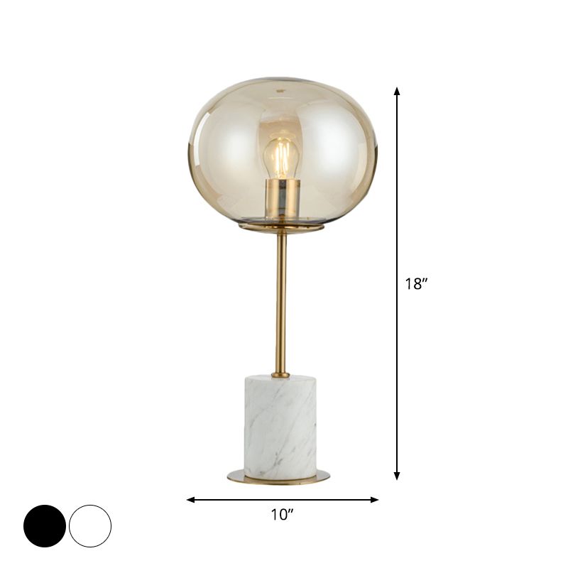Oblate Bedside Nightstand Lamp Amber Glass 1��Bulb Minimalistic Table Light with Cylindrical Marble Base