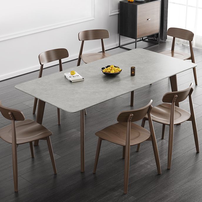 Mid-Century Modern Rectangle Dining Table Sintered Stone Table with 4 Solid Wood Legs