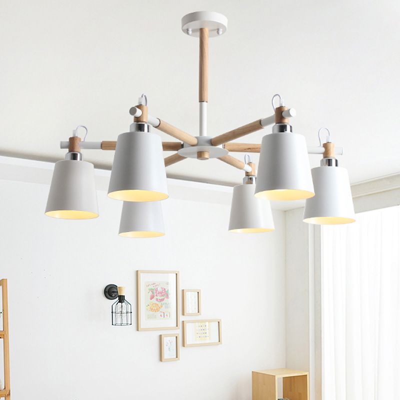 Modern Minimalist Rubber Wood Chandelier Matte Metal Lampshade Pendant Light for Living Room