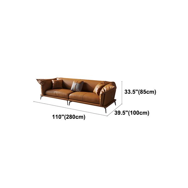 Genuine Leather Modern Orange Sofa Tuxedo Arm Sofa with Pillows