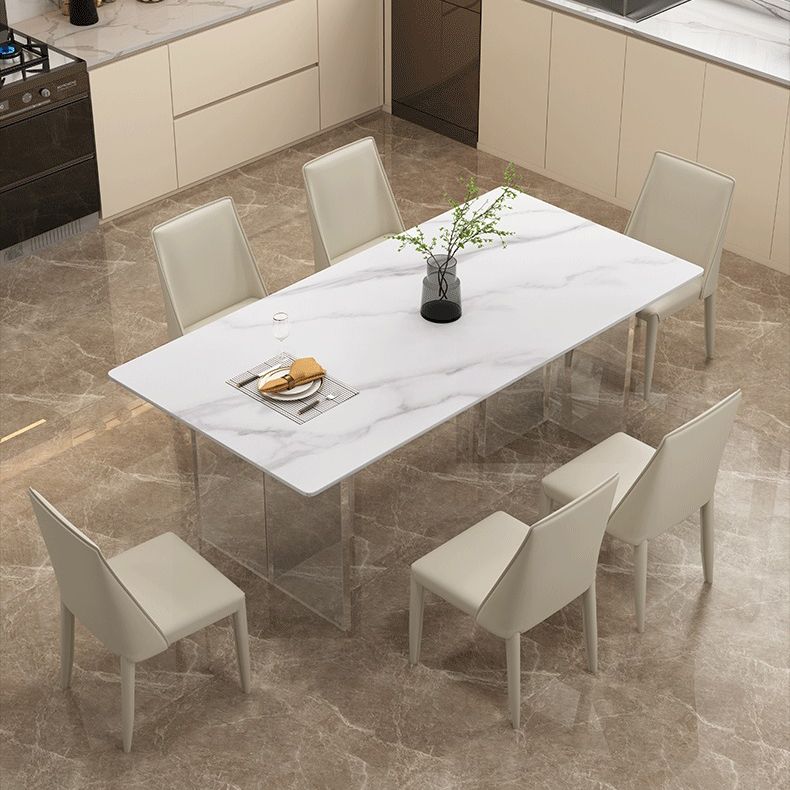 Modern White Dining Room Table Rectangle Acrylic and Stone Double Pedestal Table
