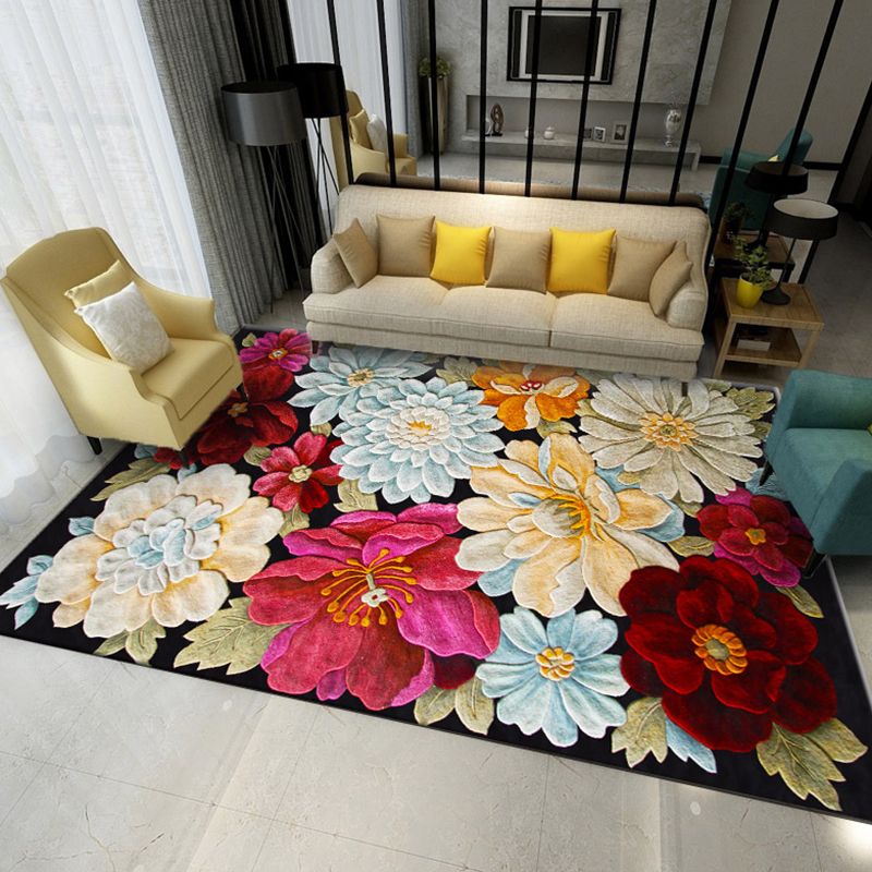 Trendy Modern Rug With Feather and Floral Print Creative Rectangle Carpet Polyester Anti-Slip Backing Rug for Living Room