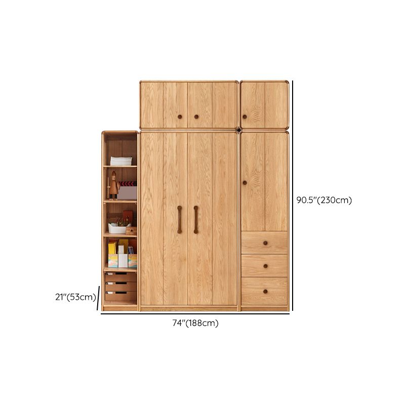 Wardrobe Closet Light Wood Solid Wood Hinged with Drawer with Garment Rod