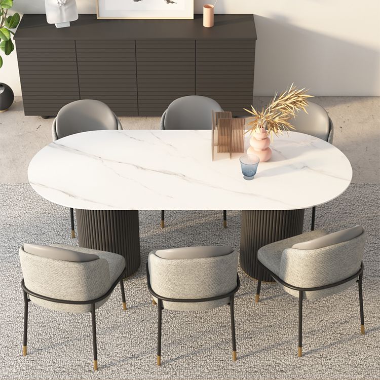 Moderne witte tafel van gesinterd steenblad voor restaurant Ovale tafel met dubbele voetstukbasis