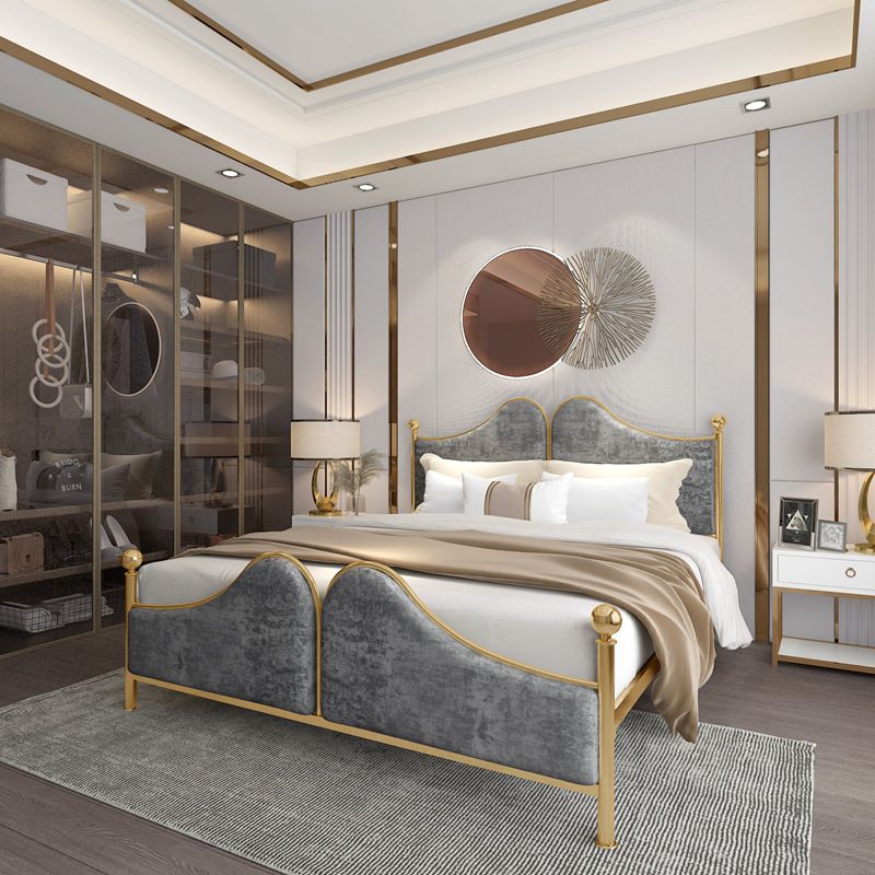 Glam Standard Bed with Upholstered Headboard in Iron Frame Bed