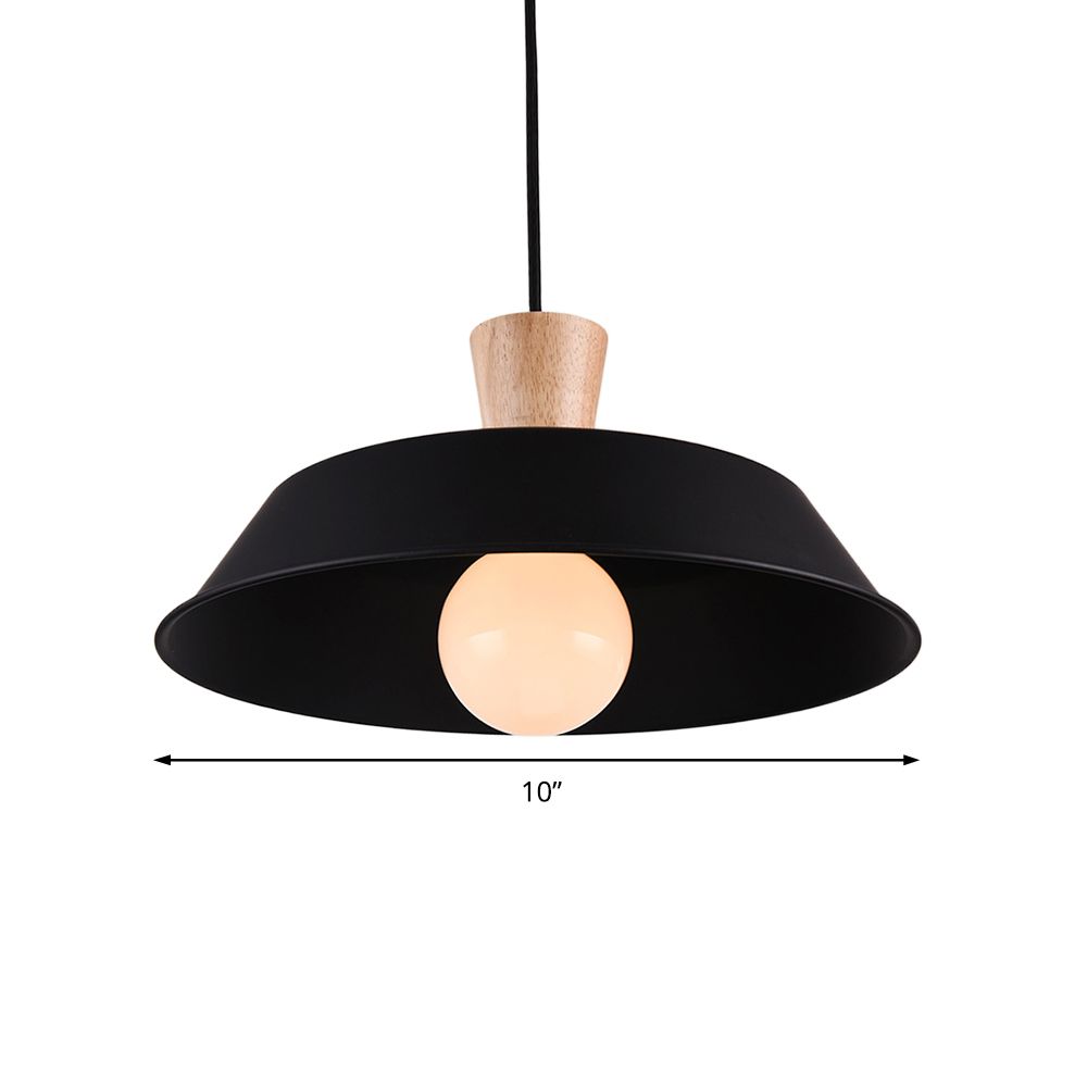 10"/14"/18" Wide Barn Living Room Hanging Lamp Industrial Iron 1-Light Black/White Pendant Light Fixture with Wooden Top