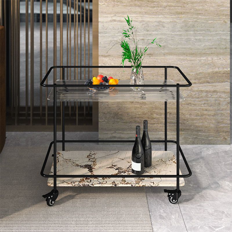 Modern Glass Top End Table with Casters Rectangular 25.6" W Shelf Included Side Table