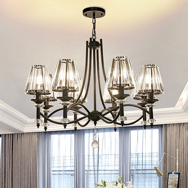 8 Heads Hanging Light Fixture Modern Swirled Arms Crystal Tapered Shade Chandelier in Black with Rounded Glass Ball