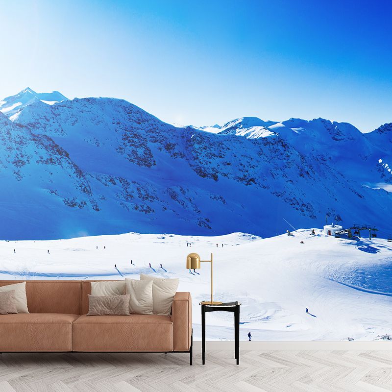 Blue-White Snow Scene Mural Decal Skiing Contemporary Waterproof Wall Art for Living Room