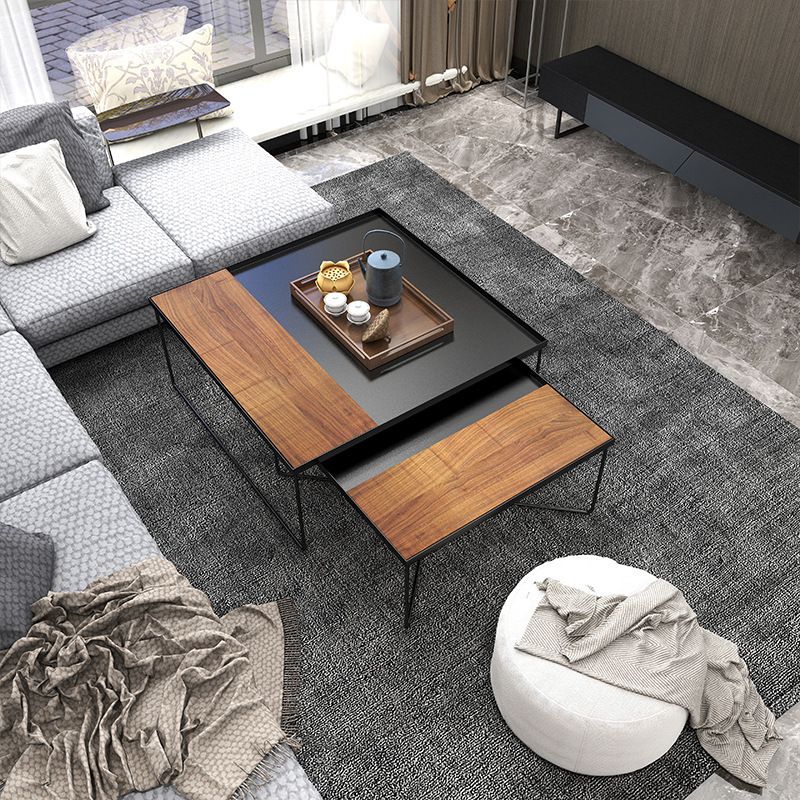 Mid-Century Modern Metal & Wood Coffee Table Cross Legs Cocktail Table Set
