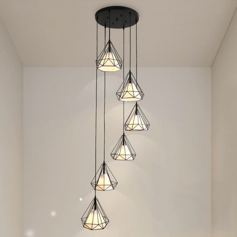 Simplicity Diamond Cage Hanging Light Metallic Staircase Multi Light Pendant with Inner Cone Shade in Black